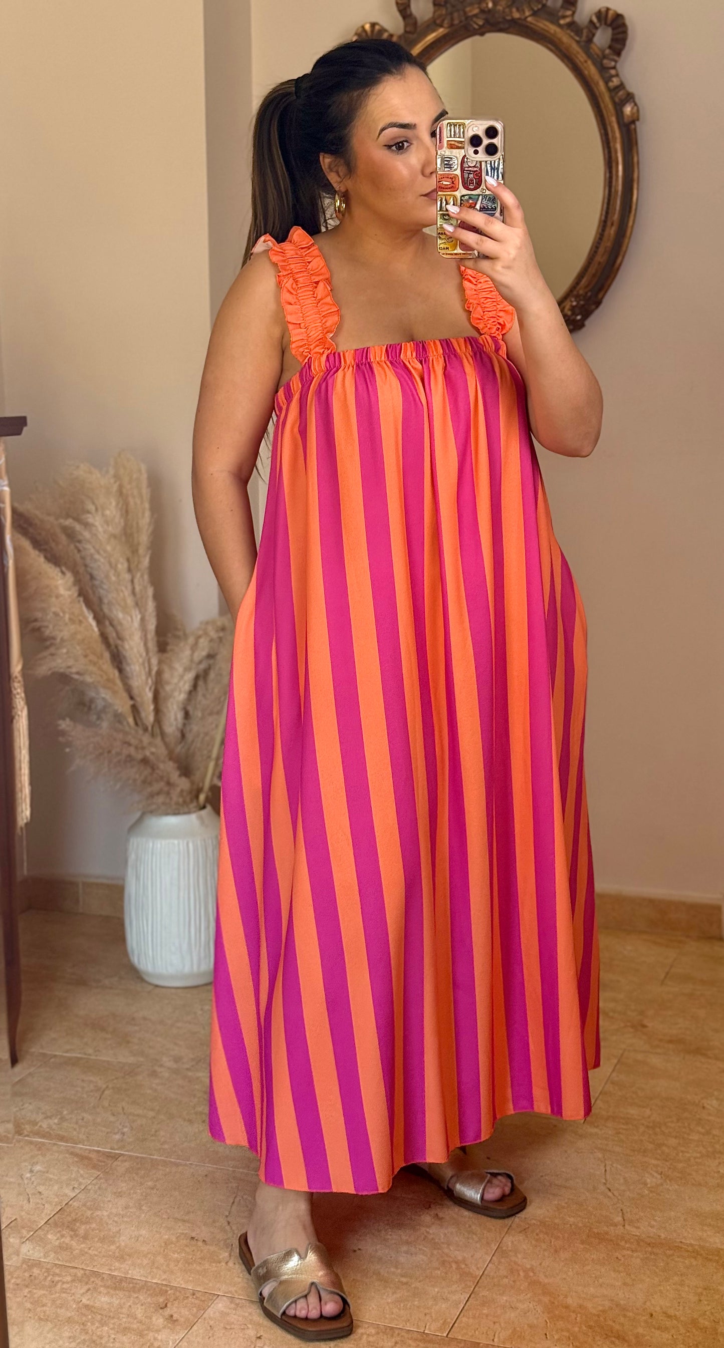 Vestido Maxi Rayas con Tirantes Fruncidos Naranja