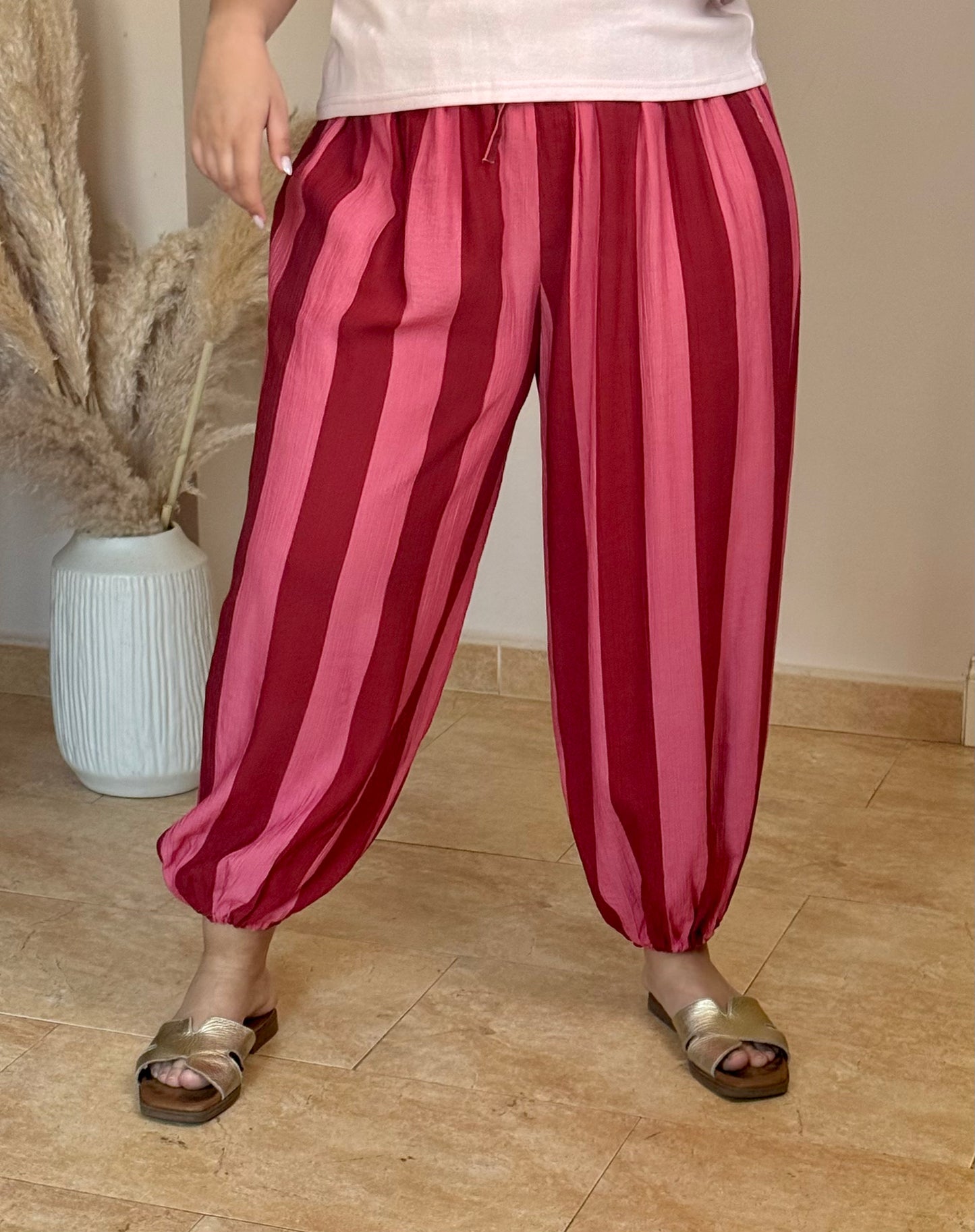 Pantalón Fluido de Rayas Bombacho Rosa