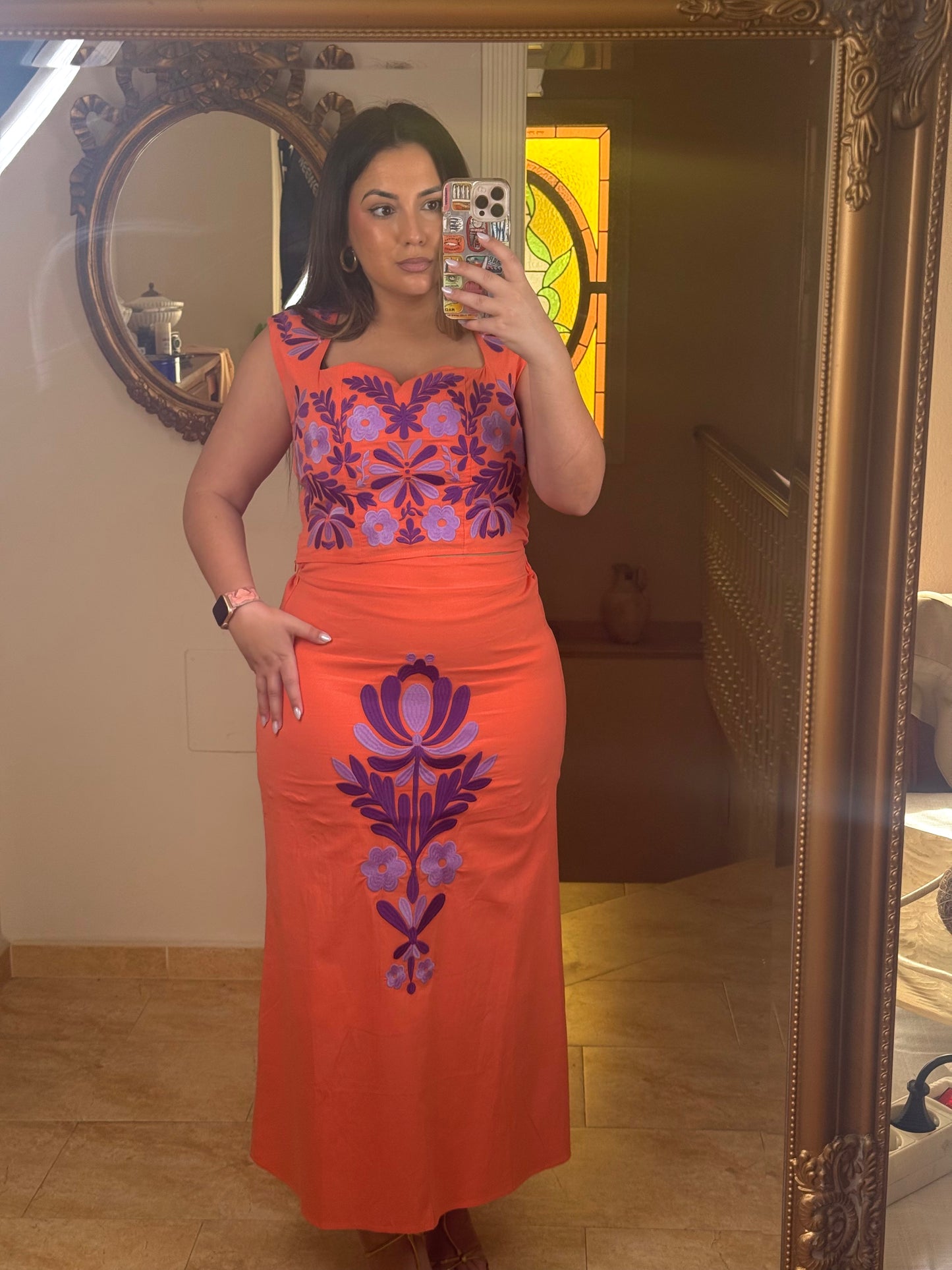 Conjunto Aura Bordado Floral Naranja