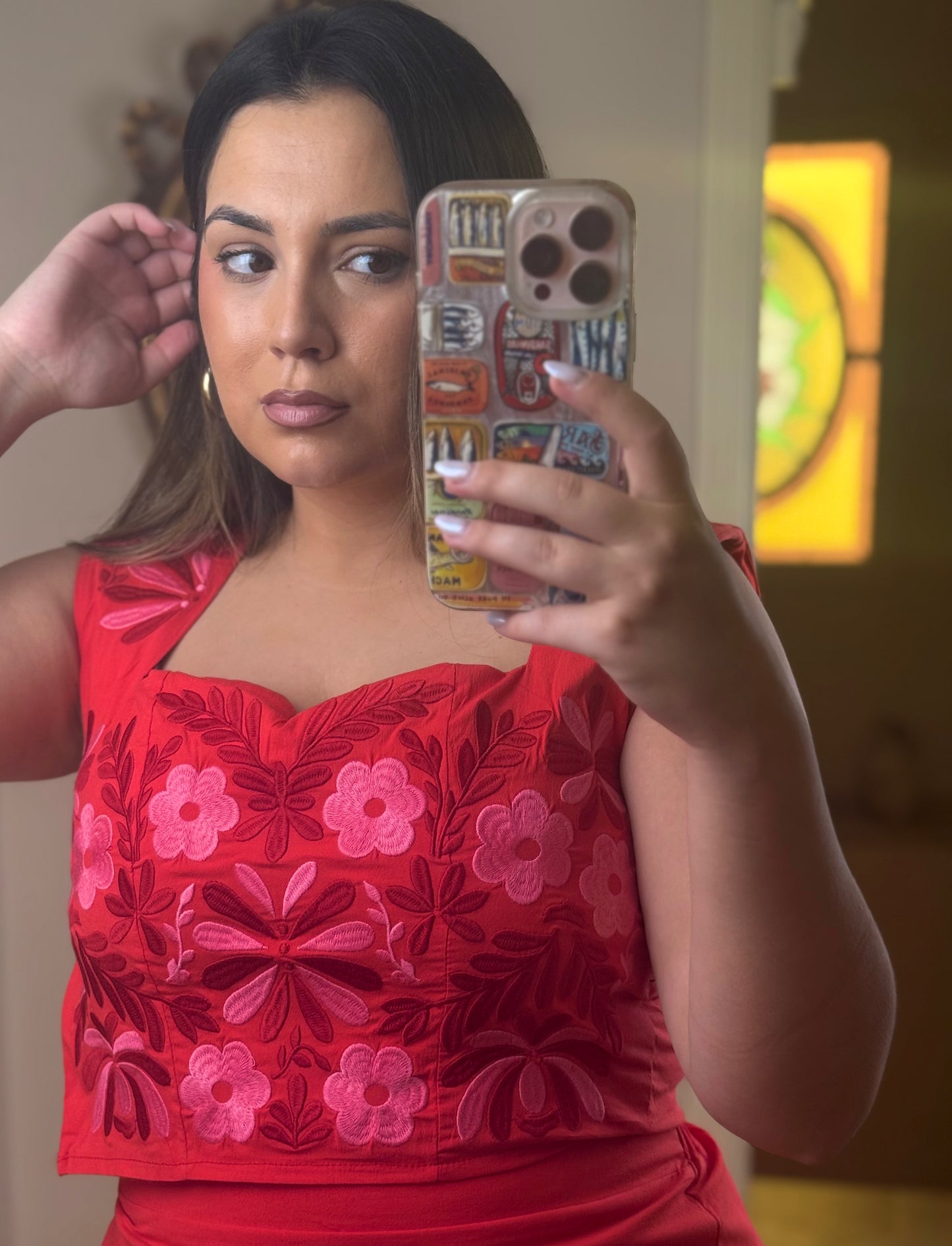Conjunto Aura Bordado Floral Rojo