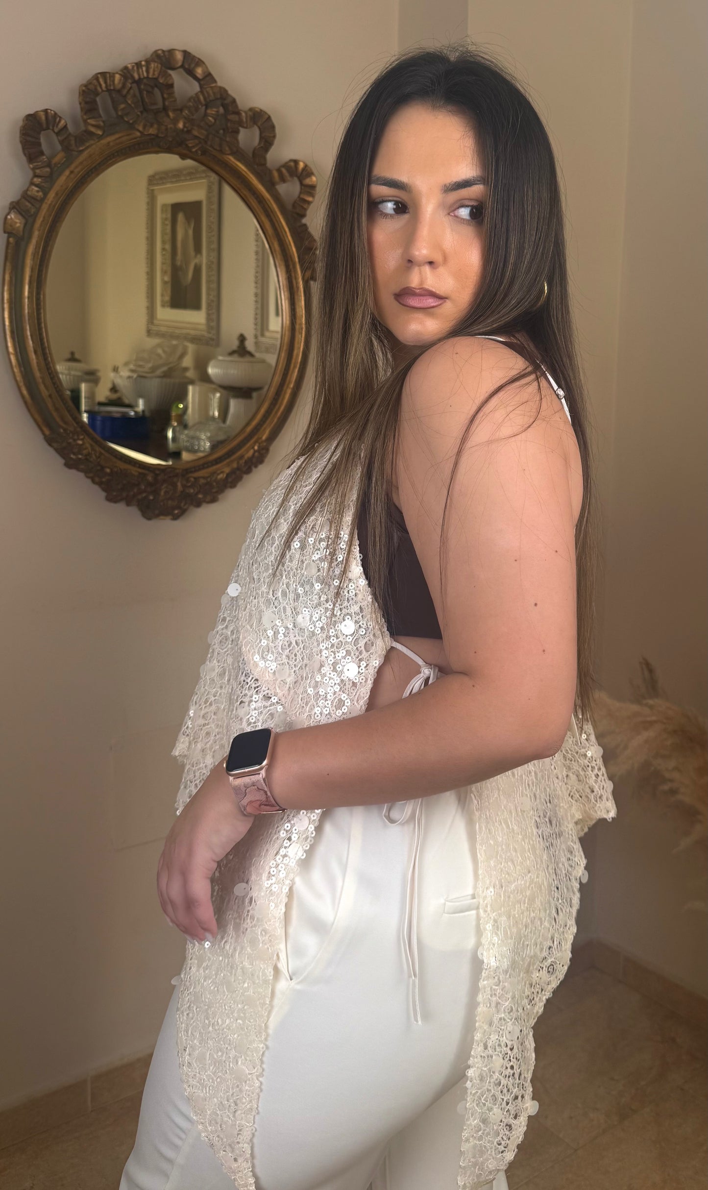 Top Asimétrico Lentejuelas Beige