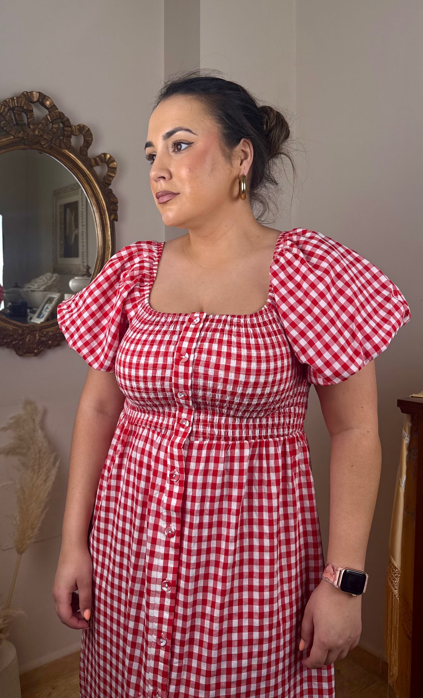 Vestido Midi Vichy Manga Abullonada Rojo
