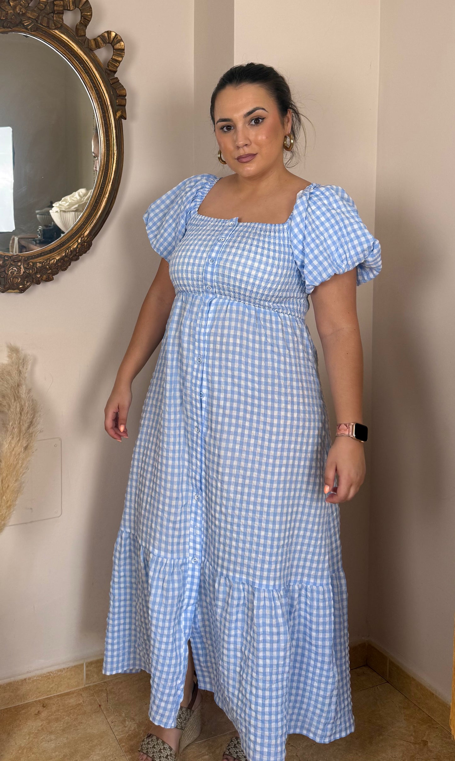 Vestido Midi Vichy Manga Abullonada Celeste