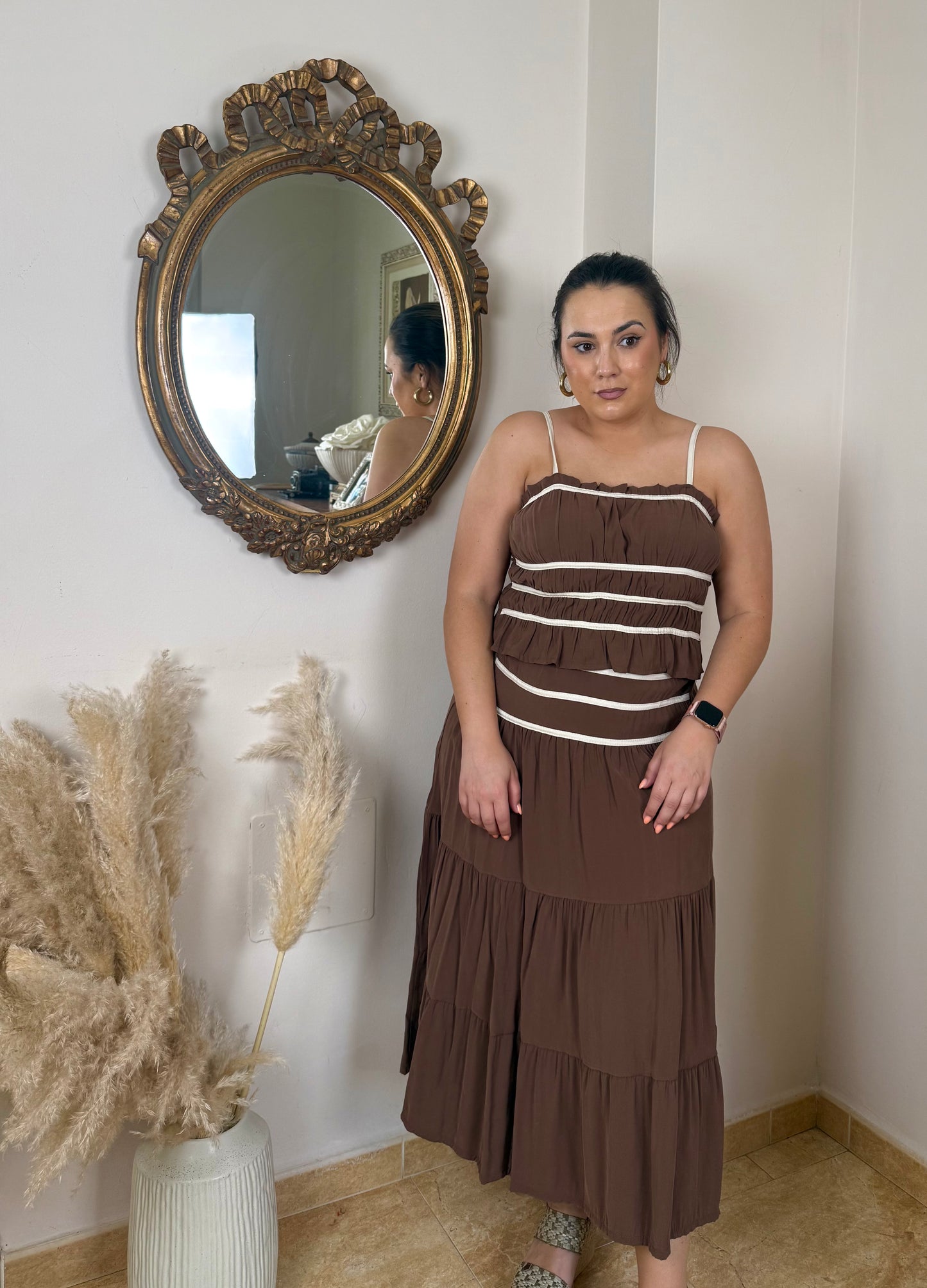 Conjunto Falda Midi Y Top Combinado Marrón