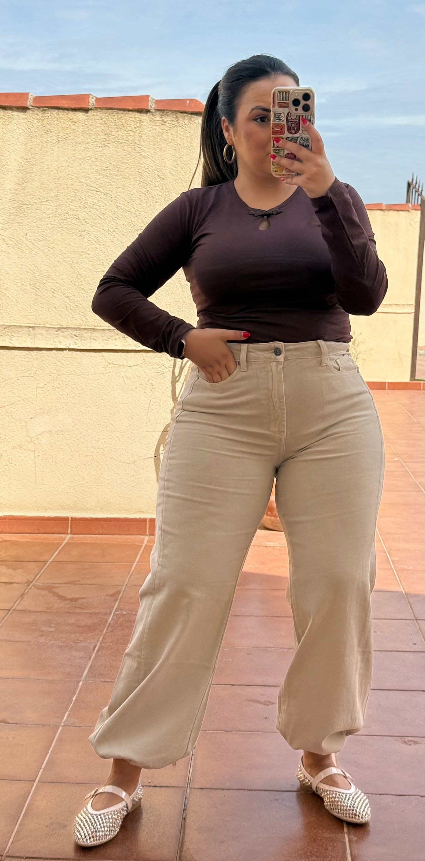 Pantalón Bombacho Denim Beige