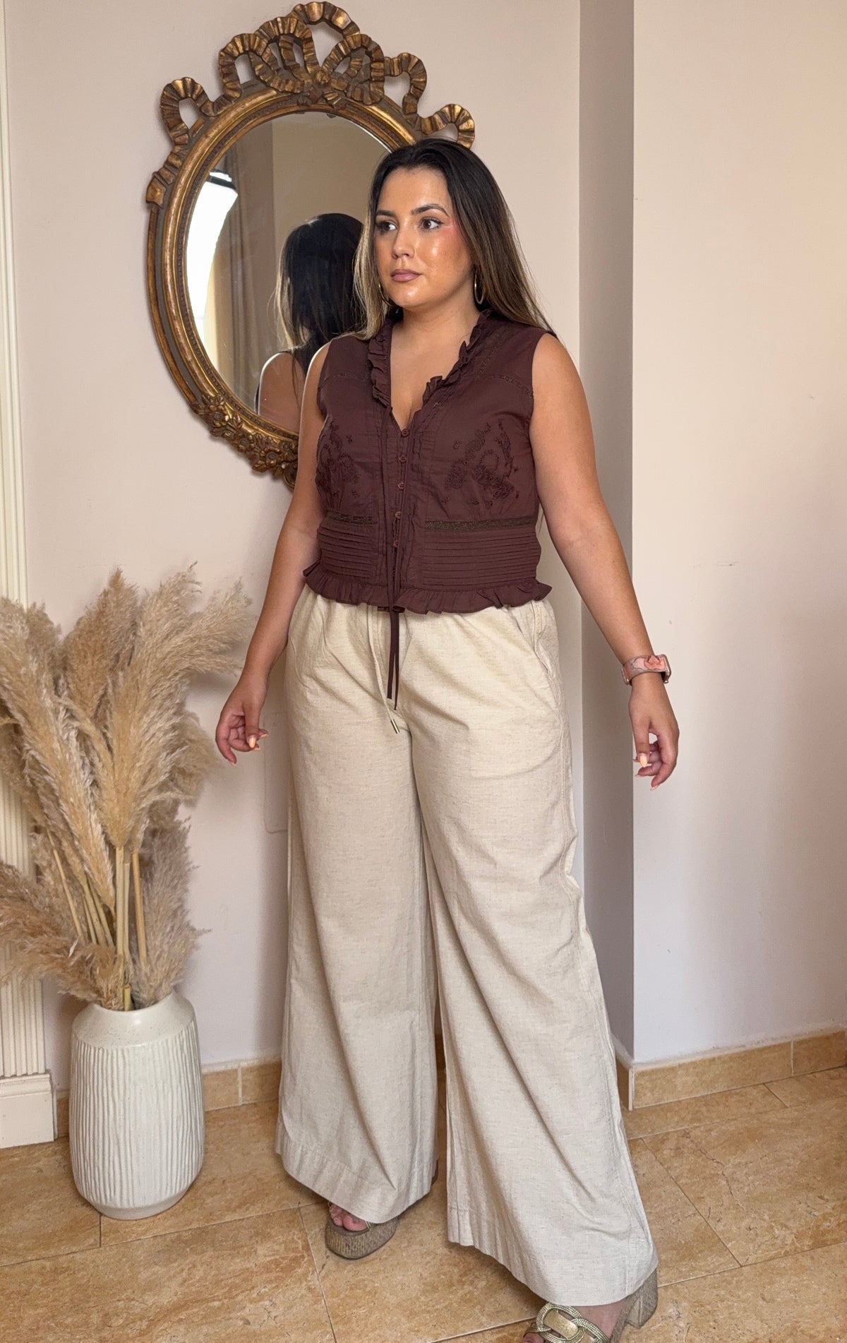 Pantalón Palazzo Tipo Lino Beige