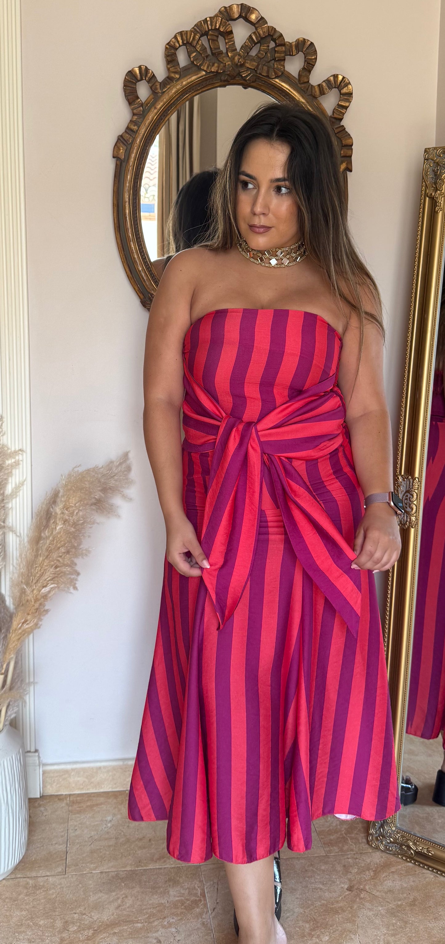 Vestido Midi Palabra de Honor con Lazada Rosa