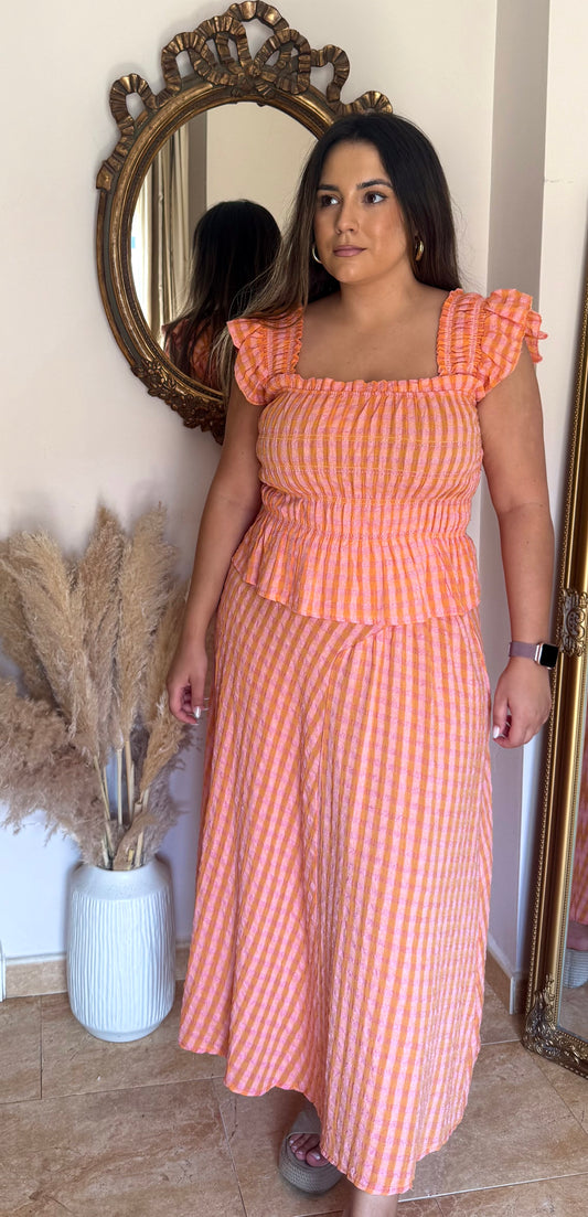 Conjunto Vichy Fruncido Naranja