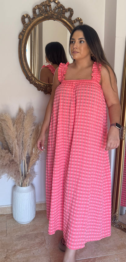 Vestido Vichy Fruncido Rosa