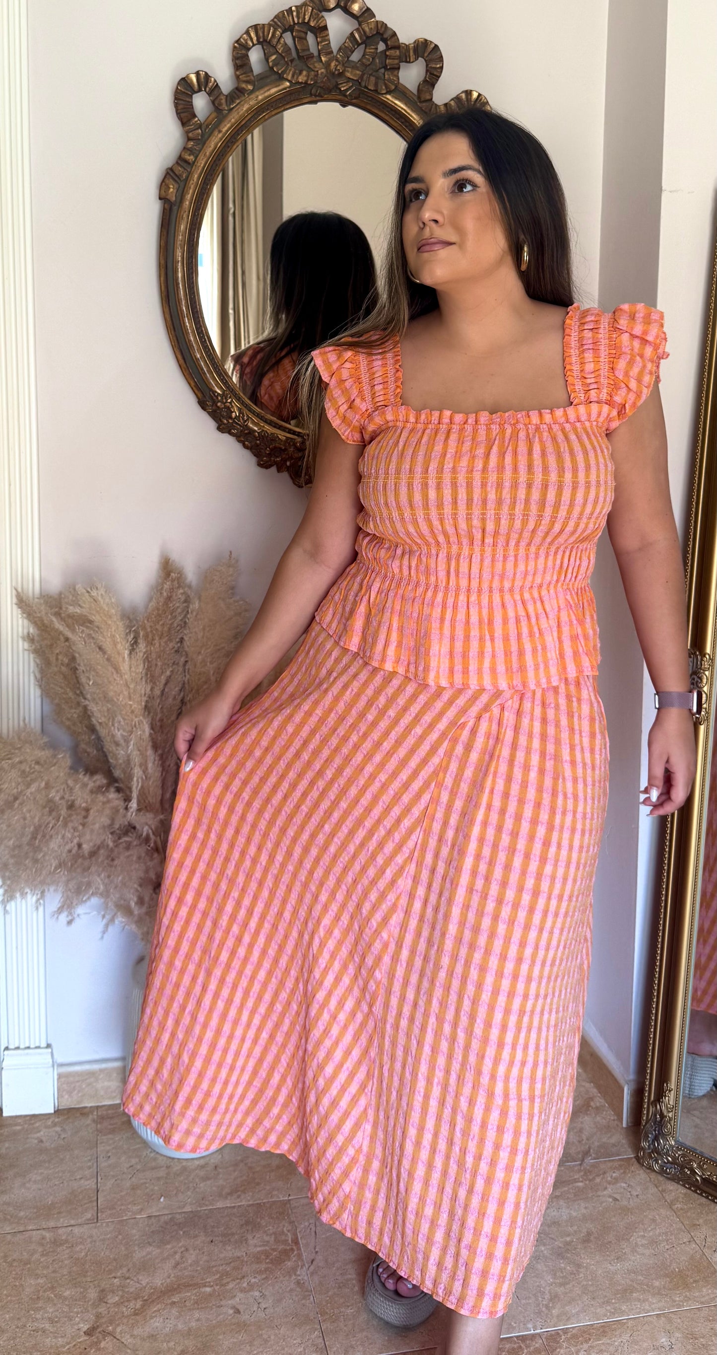 Conjunto Vichy Fruncido Naranja