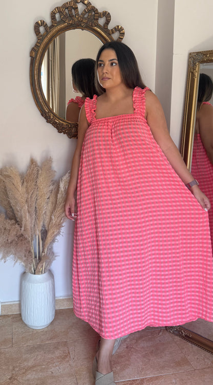 Vestido Vichy Fruncido Rosa