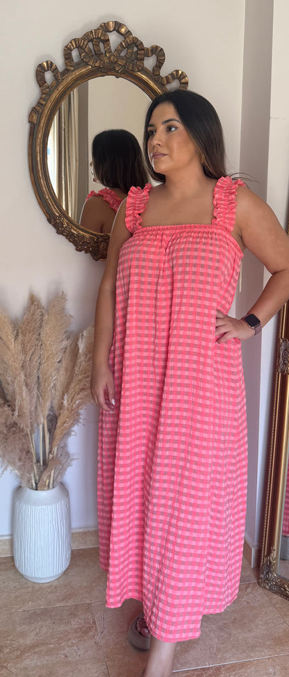 Vestido Vichy Fruncido Rosa