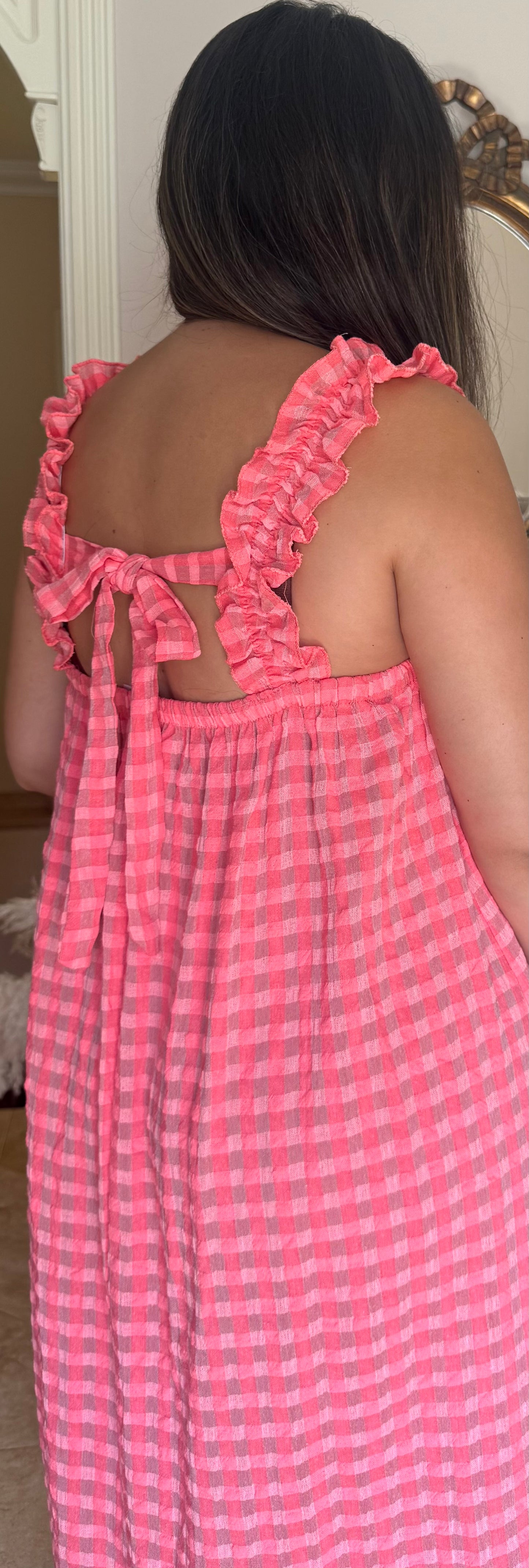 Vestido Vichy Fruncido Rosa