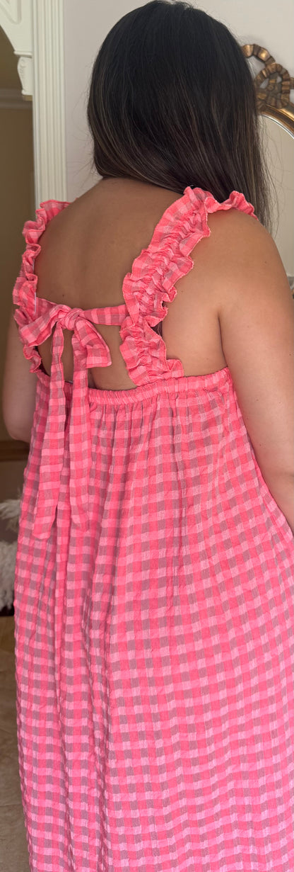 Vestido Vichy Fruncido Rosa