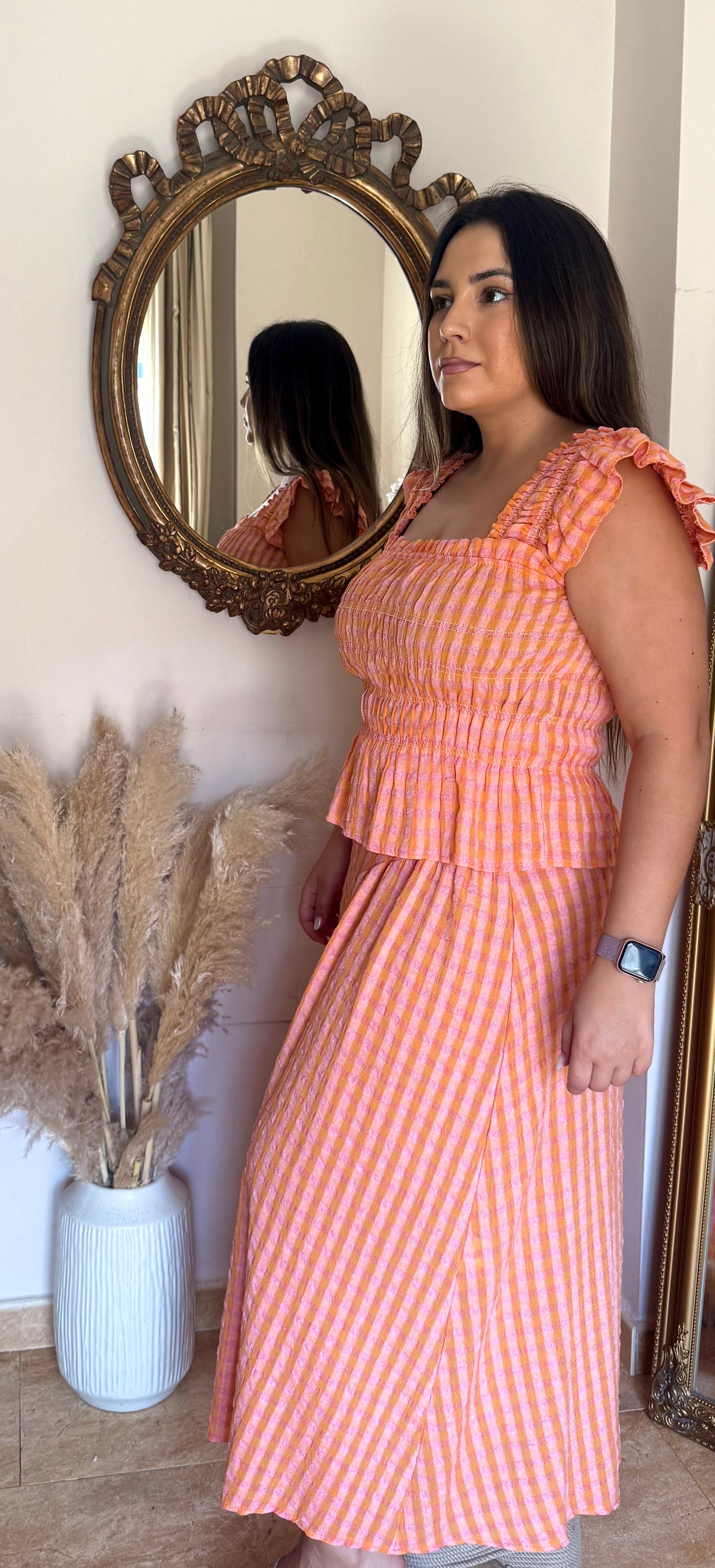 Conjunto Vichy Fruncido Naranja