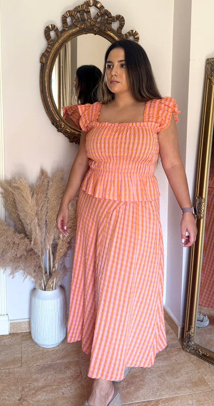 Conjunto Vichy Fruncido Naranja