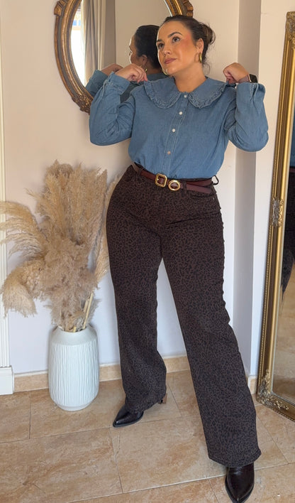 Vaquero Wide Leg Animal Print Marrón