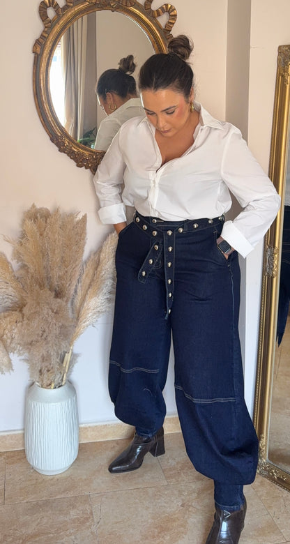 Pantalón Bombacho Denim Tachuelas