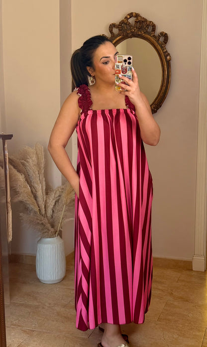 Vestido Maxi Rayas con Tirantes Fruncidos Rosa
