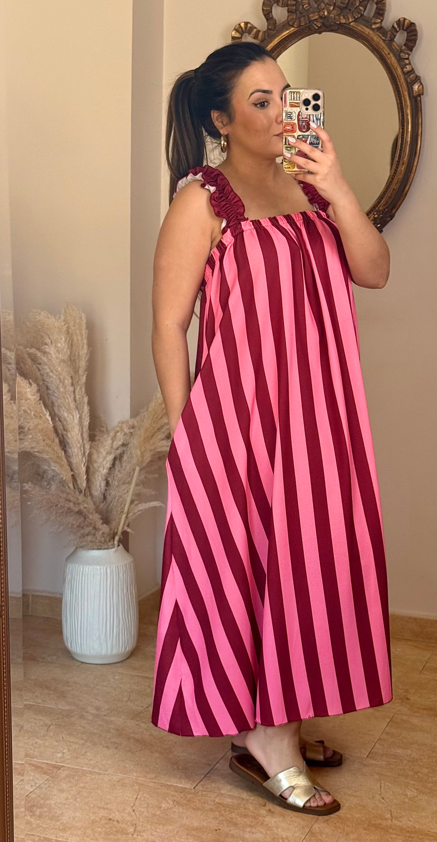 Vestido Maxi Rayas con Tirantes Fruncidos Rosa
