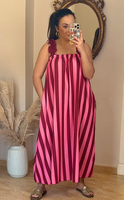 Vestido Maxi Rayas con Tirantes Fruncidos Rosa