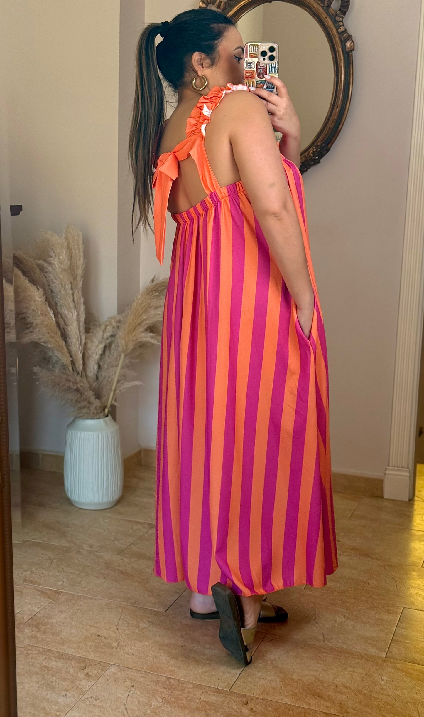 Vestido Maxi Rayas con Tirantes Fruncidos Naranja