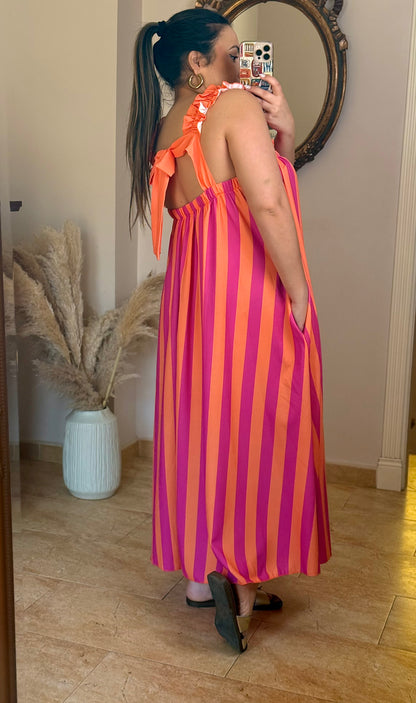 Vestido Maxi Rayas con Tirantes Fruncidos Naranja