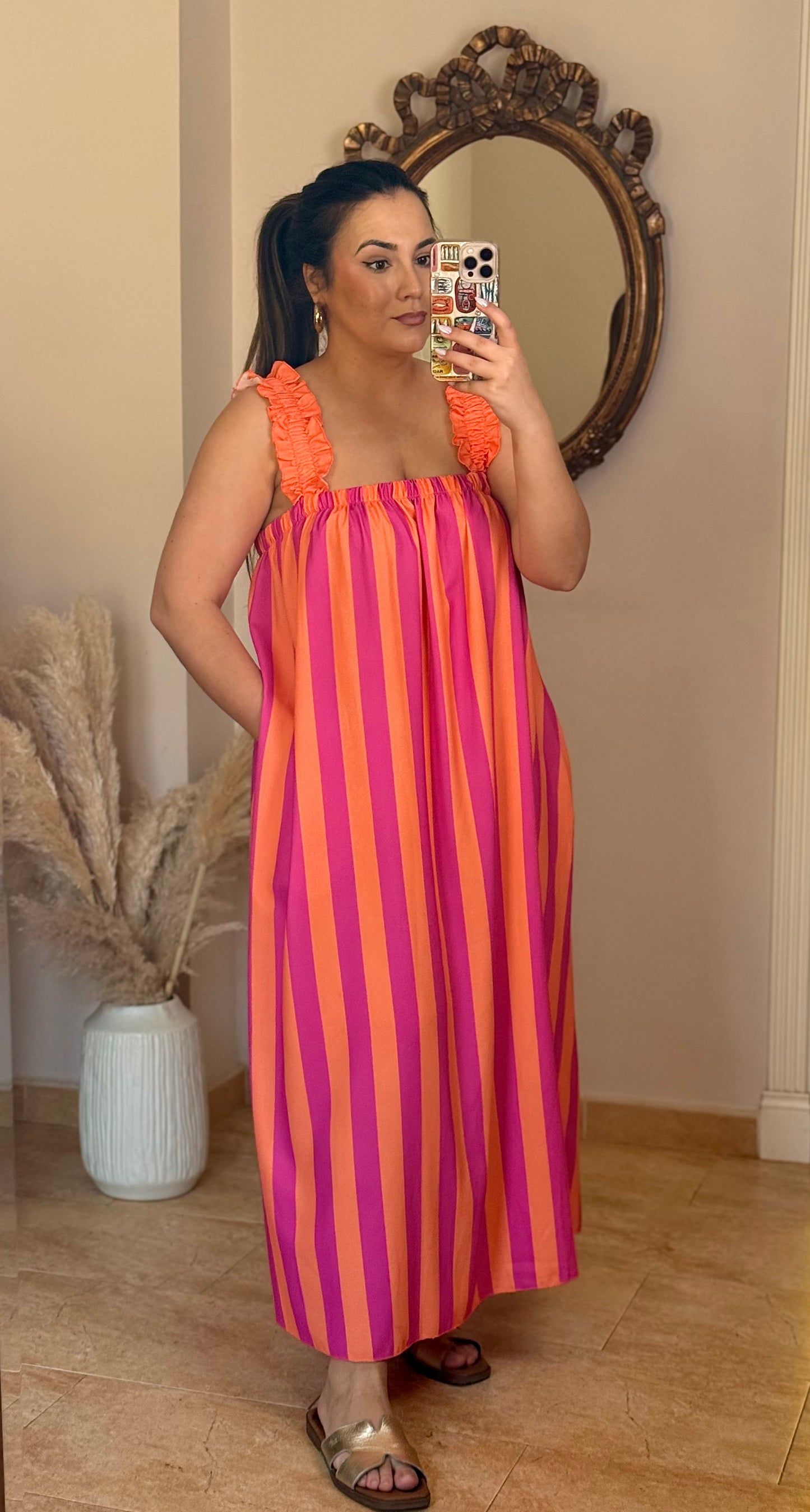 Vestido Maxi Rayas con Tirantes Fruncidos Naranja
