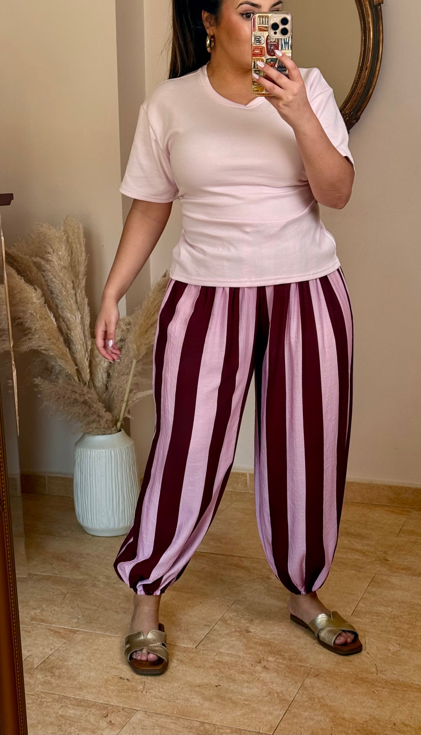 Pantalón Fluido de Rayas Bombacho Burdeos