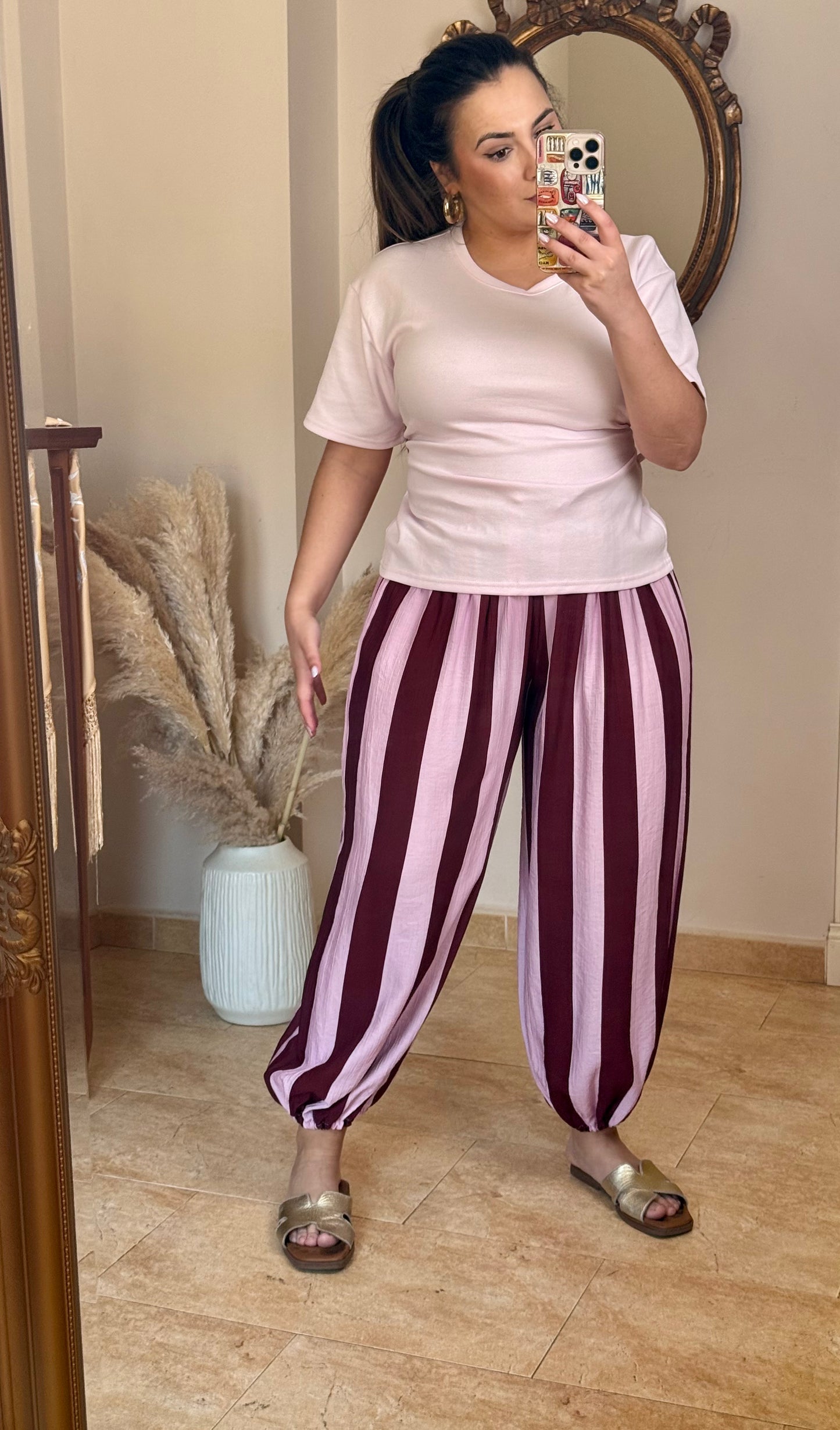 Pantalón Fluido de Rayas Bombacho Burdeos
