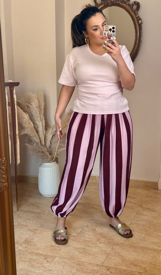 Pantalón Fluido de Rayas Bombacho Burdeos