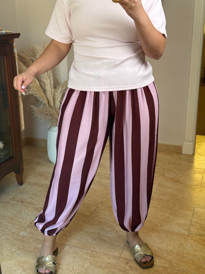 Pantalón Fluido de Rayas Bombacho Burdeos