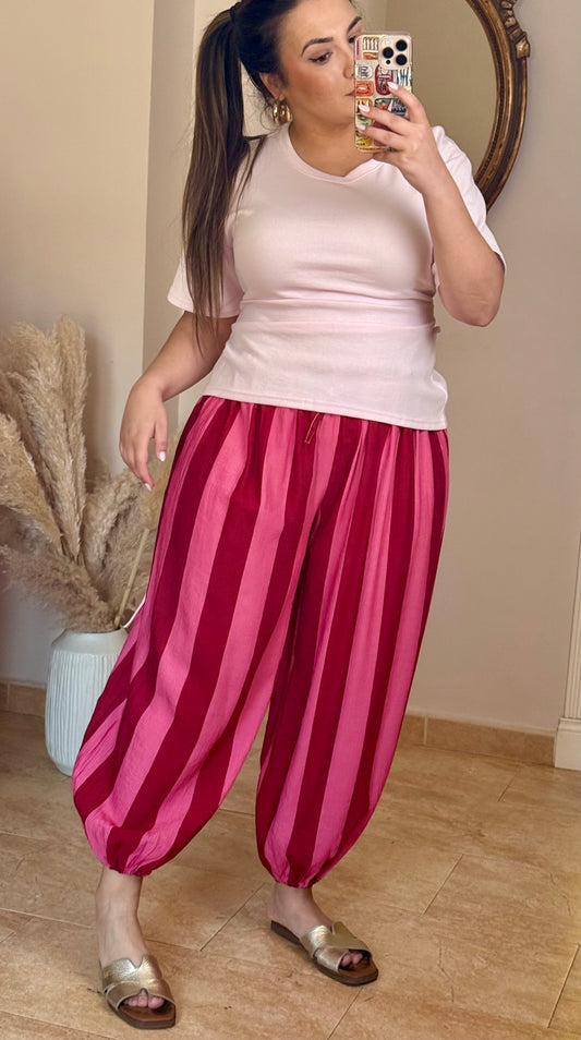Pantalón Fluido de Rayas Bombacho Rosa