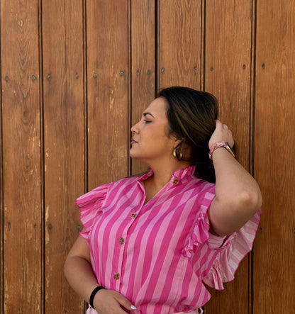 Blusa Rayas Volante Rosa