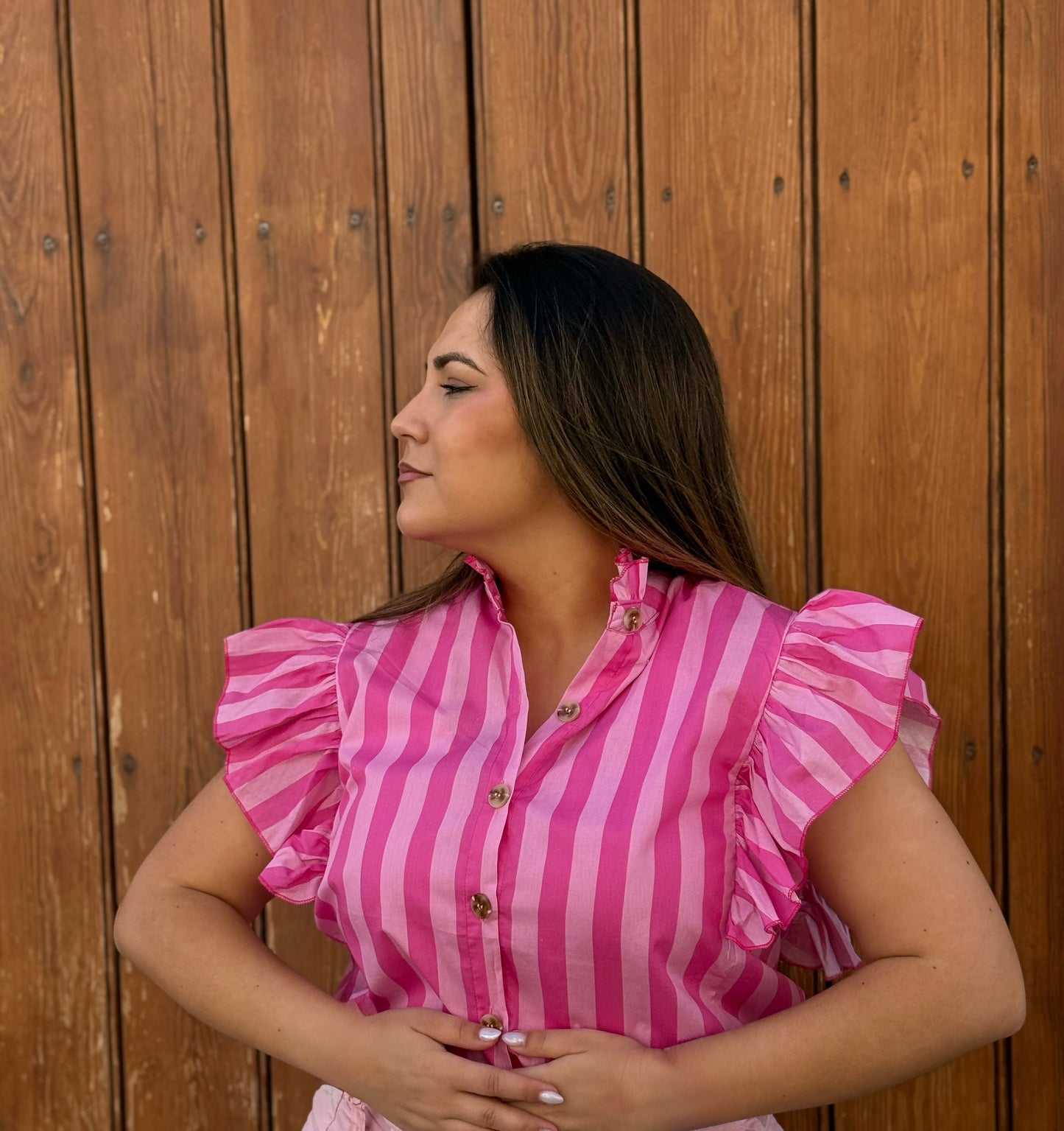 Blusa Rayas Volante Rosa