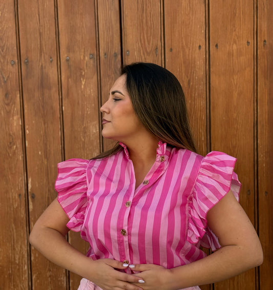 Blusa Rayas Volante Rosa
