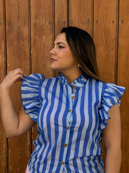 Blusa Rayas Volante Azul
