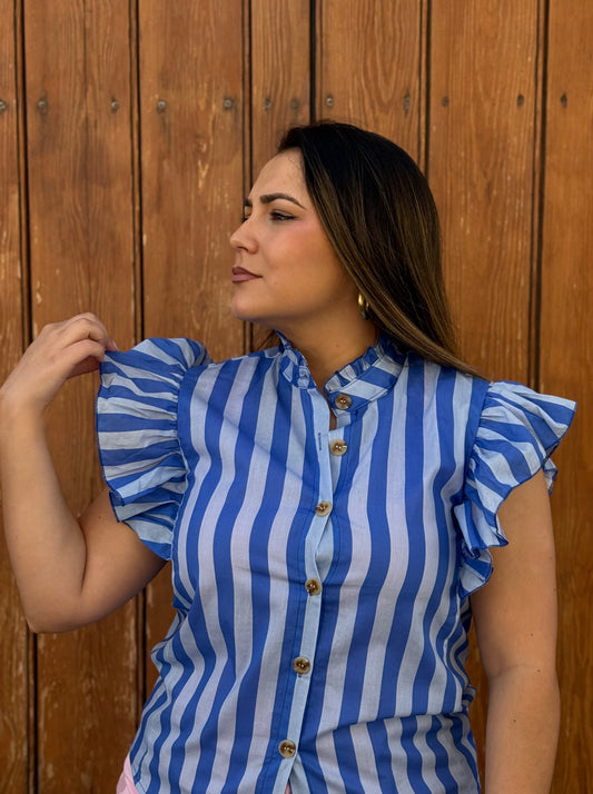 Blusa Rayas Volante Azul
