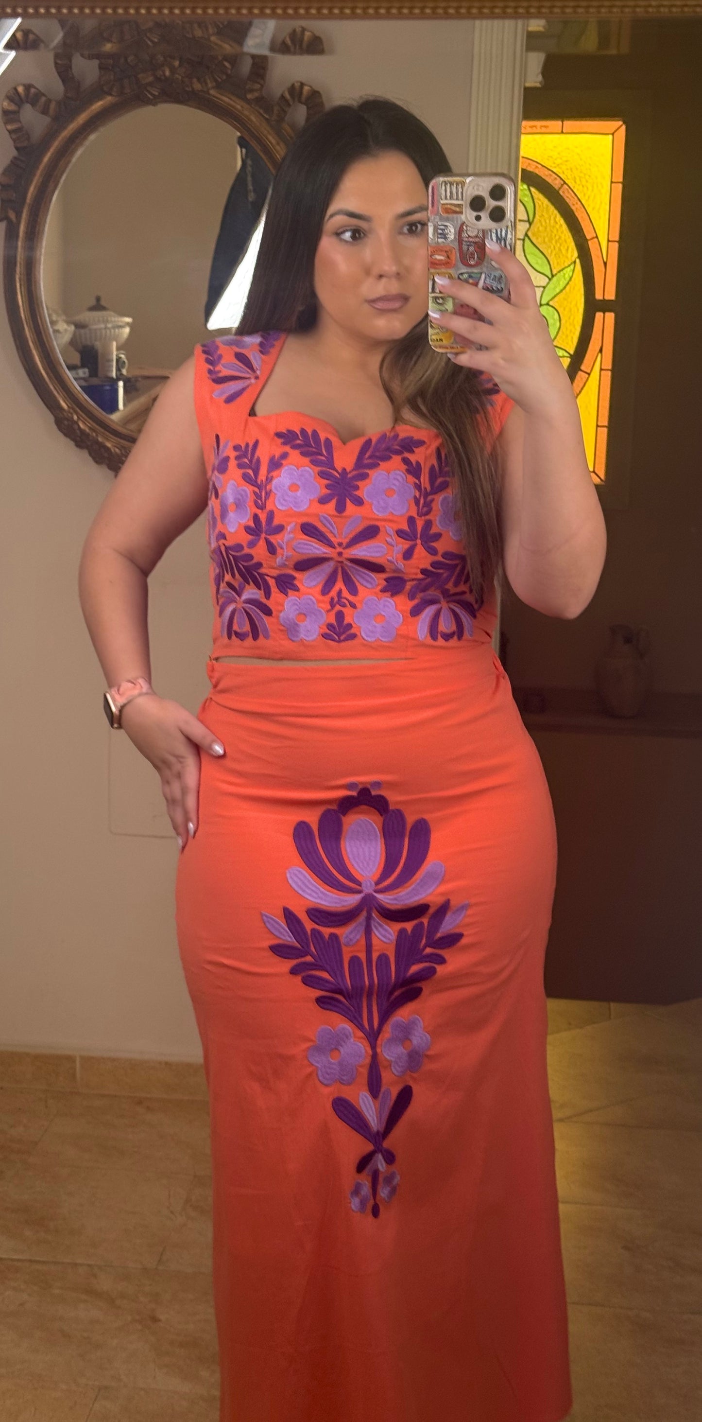 Conjunto Aura Bordado Floral Naranja