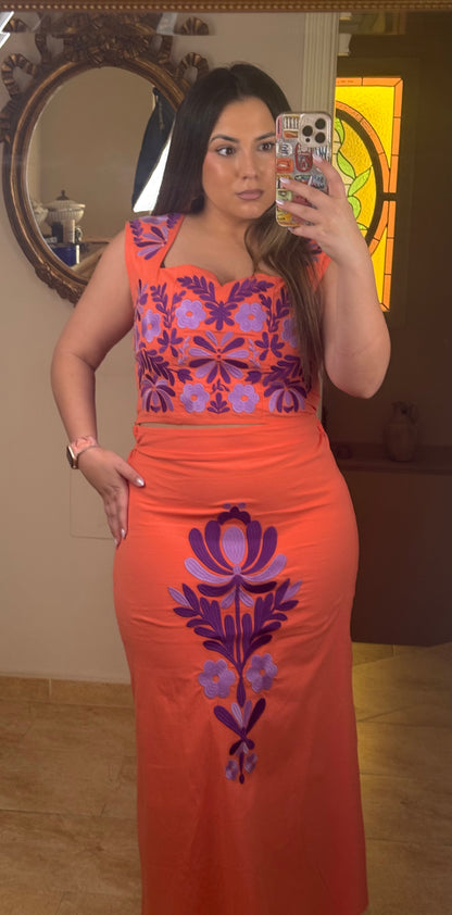 Conjunto Aura Bordado Floral Naranja
