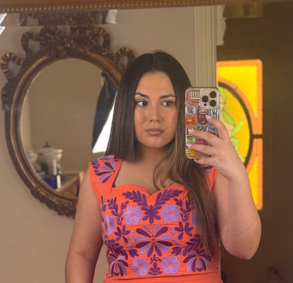 Conjunto Aura Bordado Floral Naranja