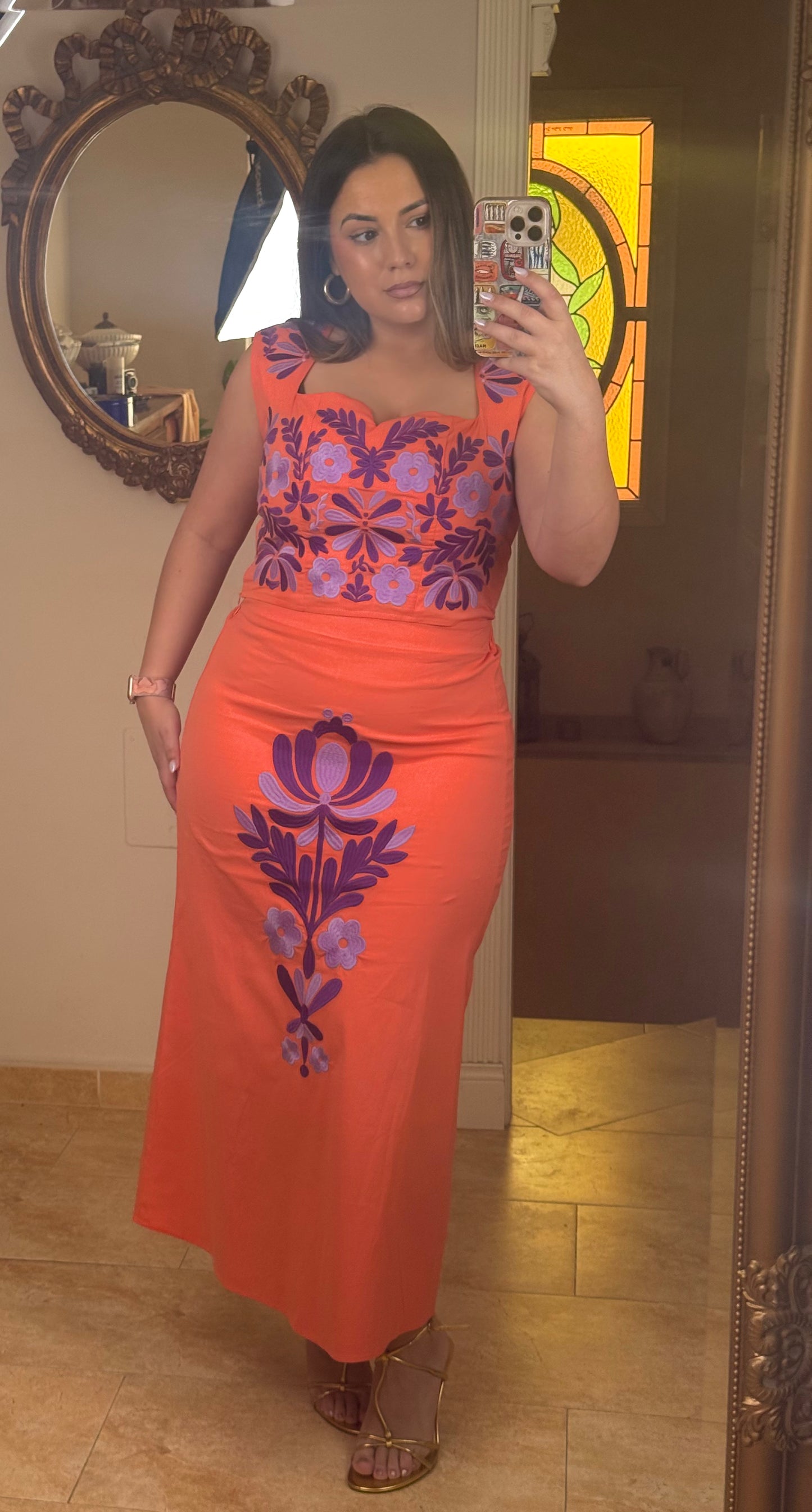 Conjunto Aura Bordado Floral Naranja