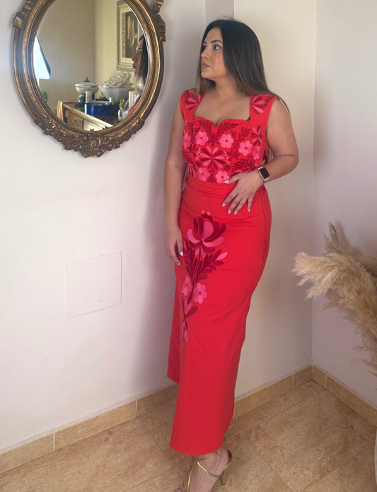 Conjunto Aura Bordado Floral Rojo
