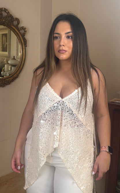 Top Asimétrico Lentejuelas Beige