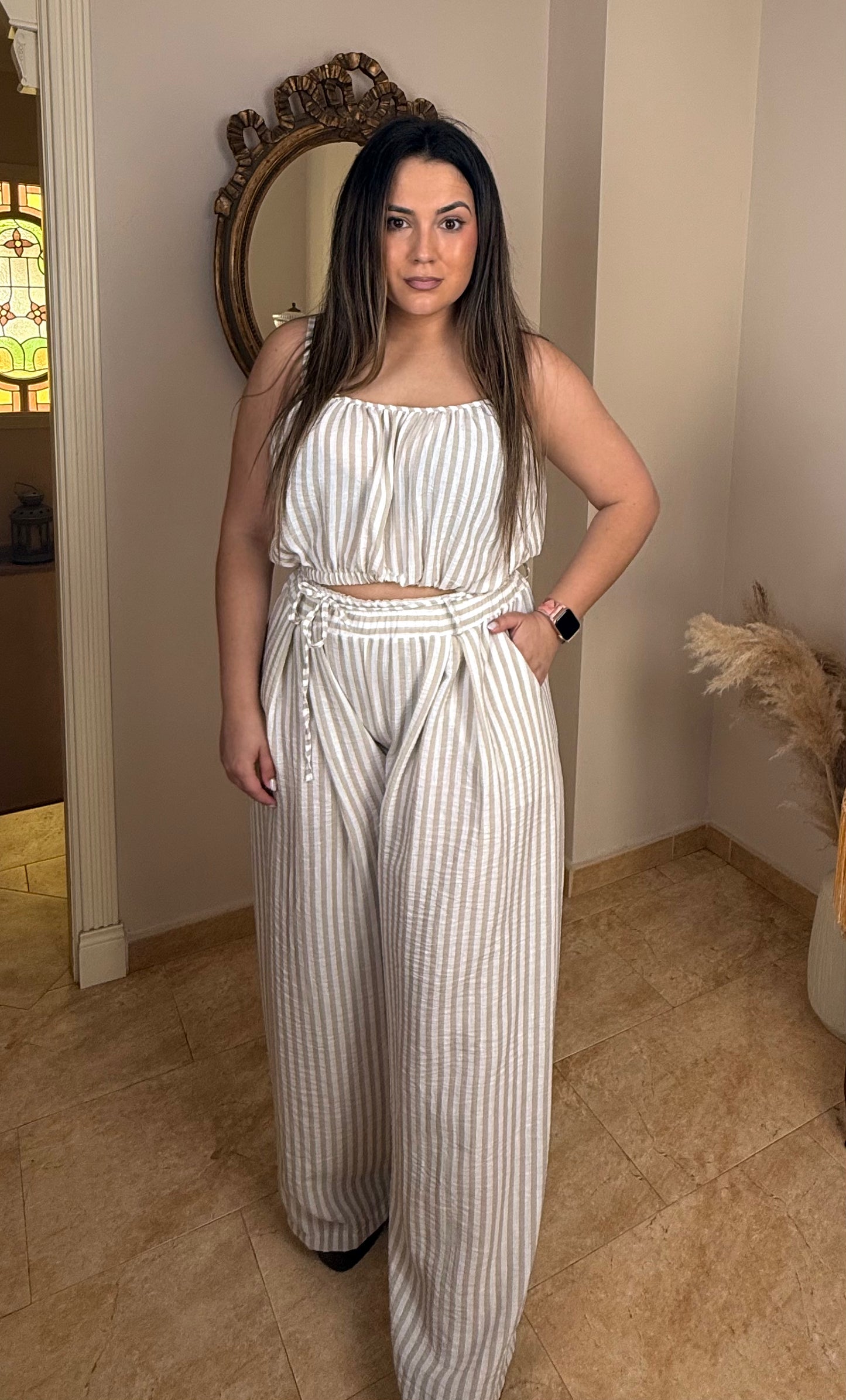 Conjunto Efecto Lino Rayas Beige