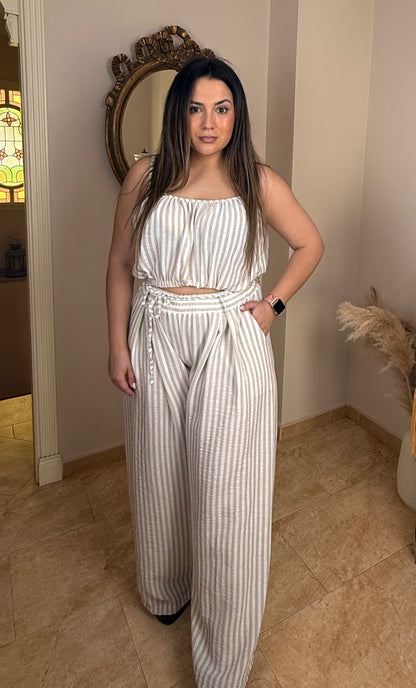 Conjunto Efecto Lino Rayas Beige