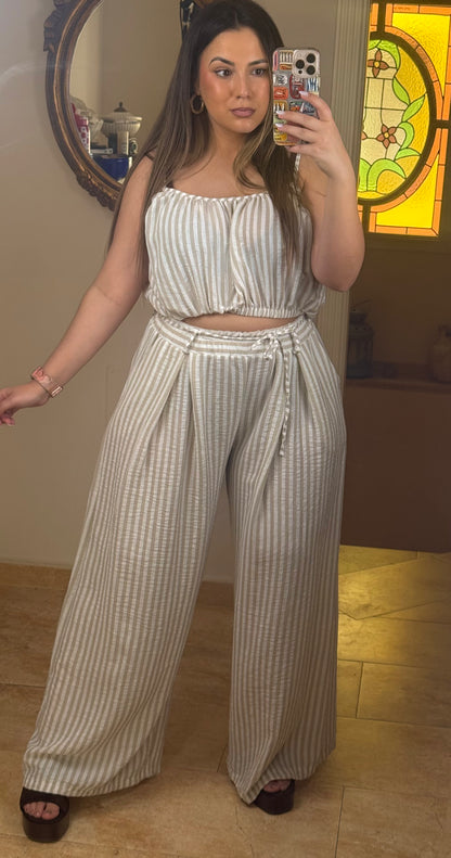 Conjunto Efecto Lino Rayas Beige