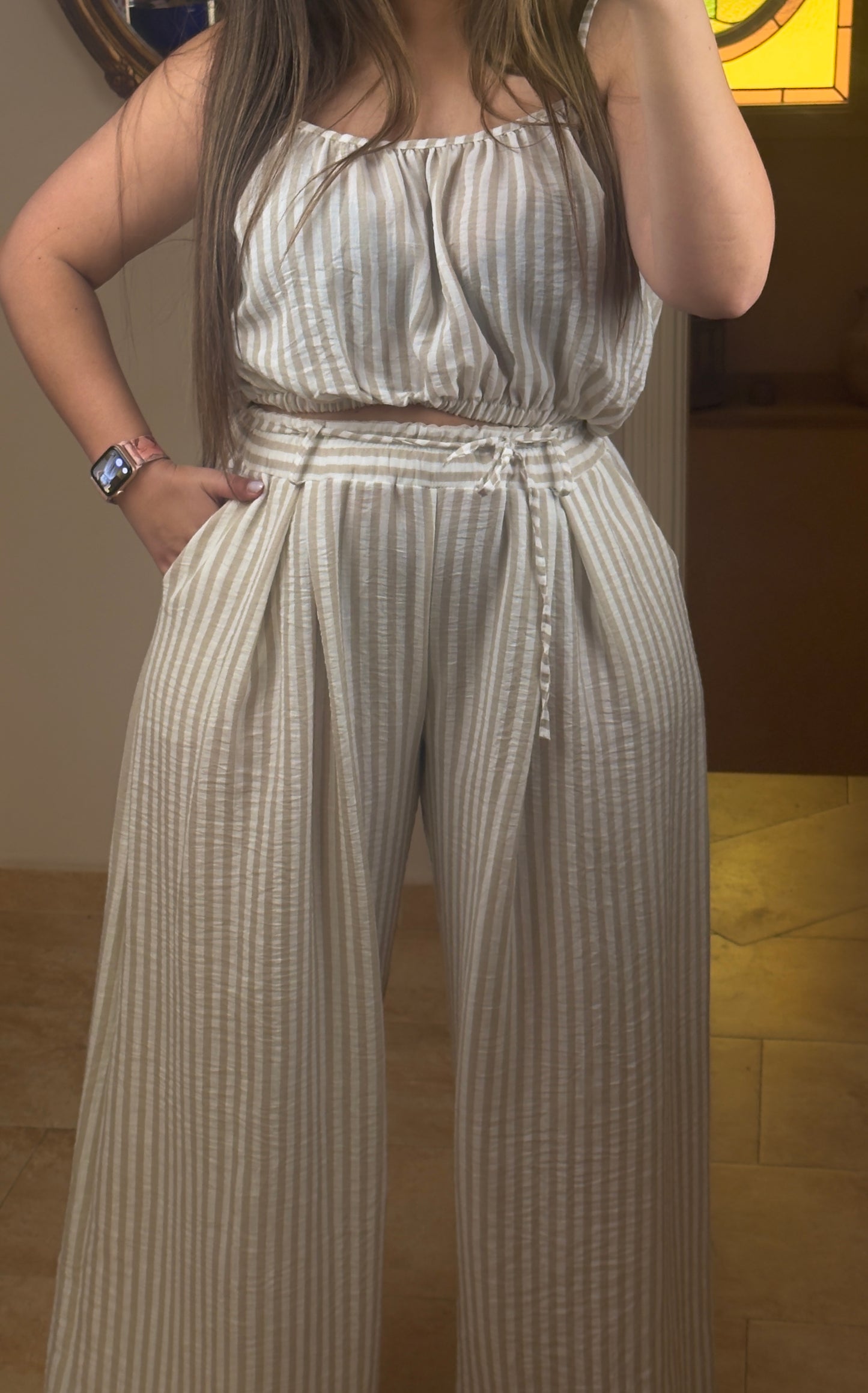 Conjunto Efecto Lino Rayas Beige
