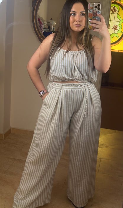 Conjunto Efecto Lino Rayas Beige