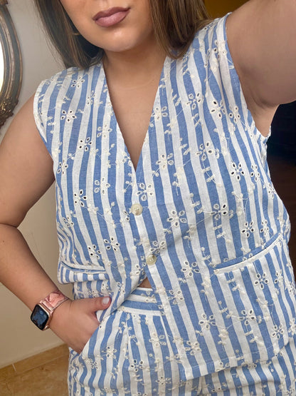 Conjunto Rayas Perforados Azul